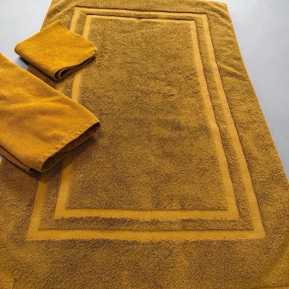 Vtg 70s Fieldcrest Hand Towel 3-pc bathmat set‎ 100% Cotton Gold Coordinates YSL